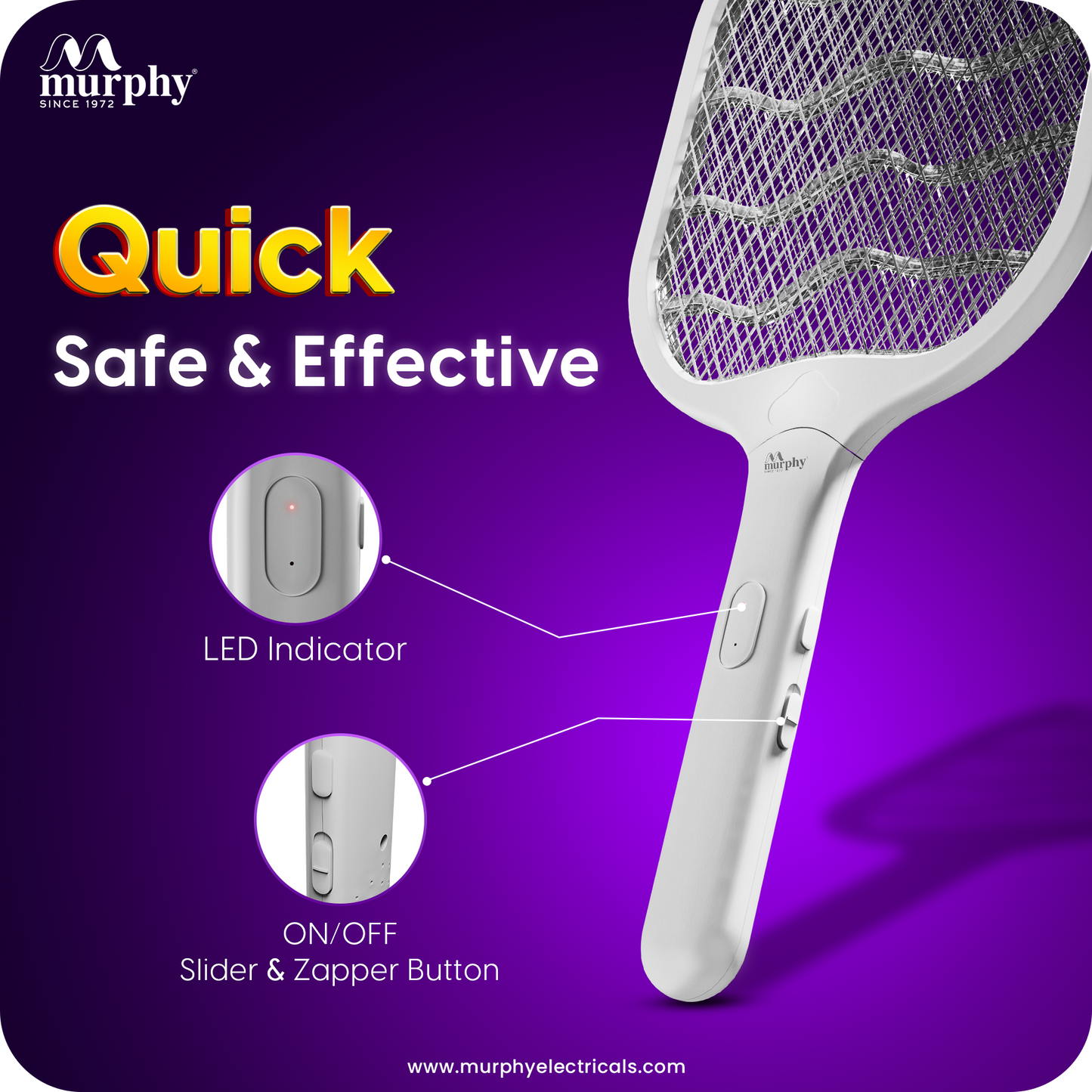 Murphy Smart UV Auto Kill Mosquito Racket with Stand | Type-C Fast Charging | 1200mAh Rechargeable Battery | Auto & Manual Mode | 3-Layer Safety Mesh | Instant Kill | 6 Months Warranty