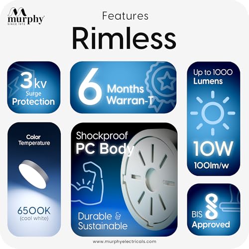 Murphy 10W Surface Mounted Rimless Radar Motion Sensor LED Light (Cool White, Auto ON/Off, White Body) – Smart Ceiling Light for Indoor Use with 6-Month Warranty