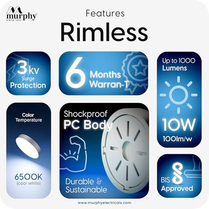 Murphy 10W Surface Mounted Rimless Radar Motion Sensor LED Light (Cool White, Auto ON/Off, White Body) – Smart Ceiling Light for Indoor Use with 6-Month Warranty