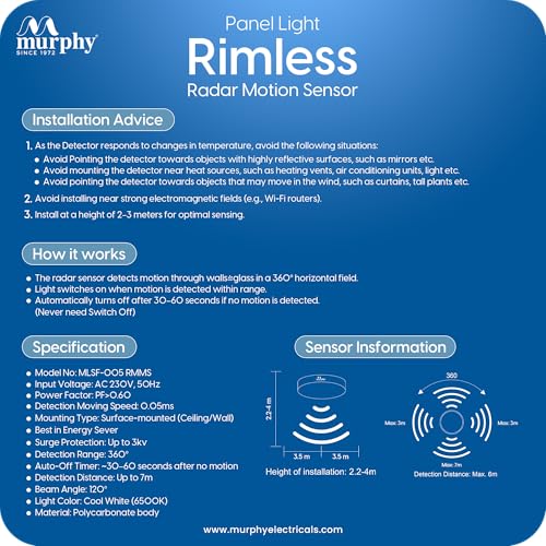 Murphy 10W Surface Mounted Rimless Radar Motion Sensor LED Light (Cool White, Auto ON/Off, White Body) – Smart Ceiling Light for Indoor Use with 6-Month Warranty