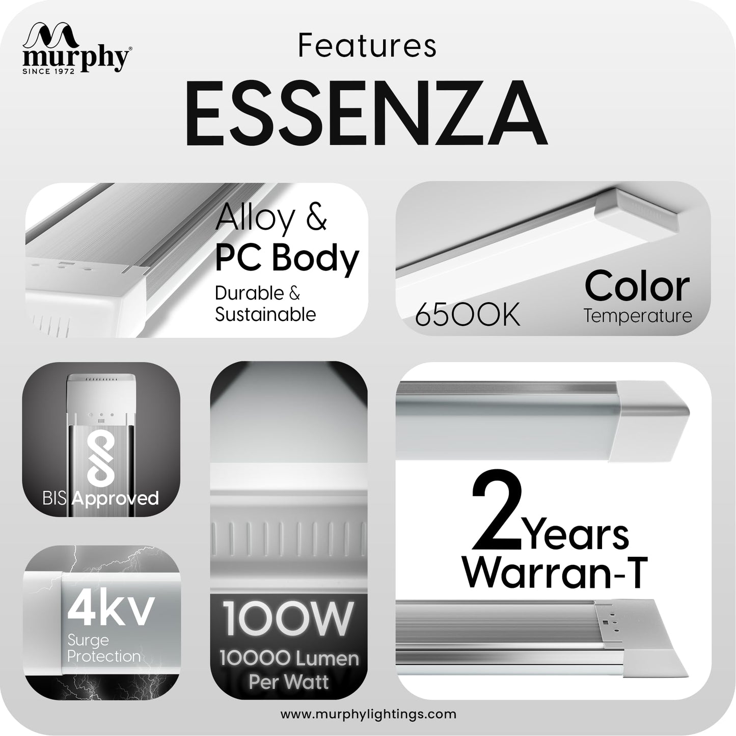 Murphy MaxGlow 100W LED Tube Light, | 10000 Lumens| Cool White 6500K | Aluminium & PC Body | BIS Approved | 4kV Surge Protection| 2 Year Warranty | Pack of 2