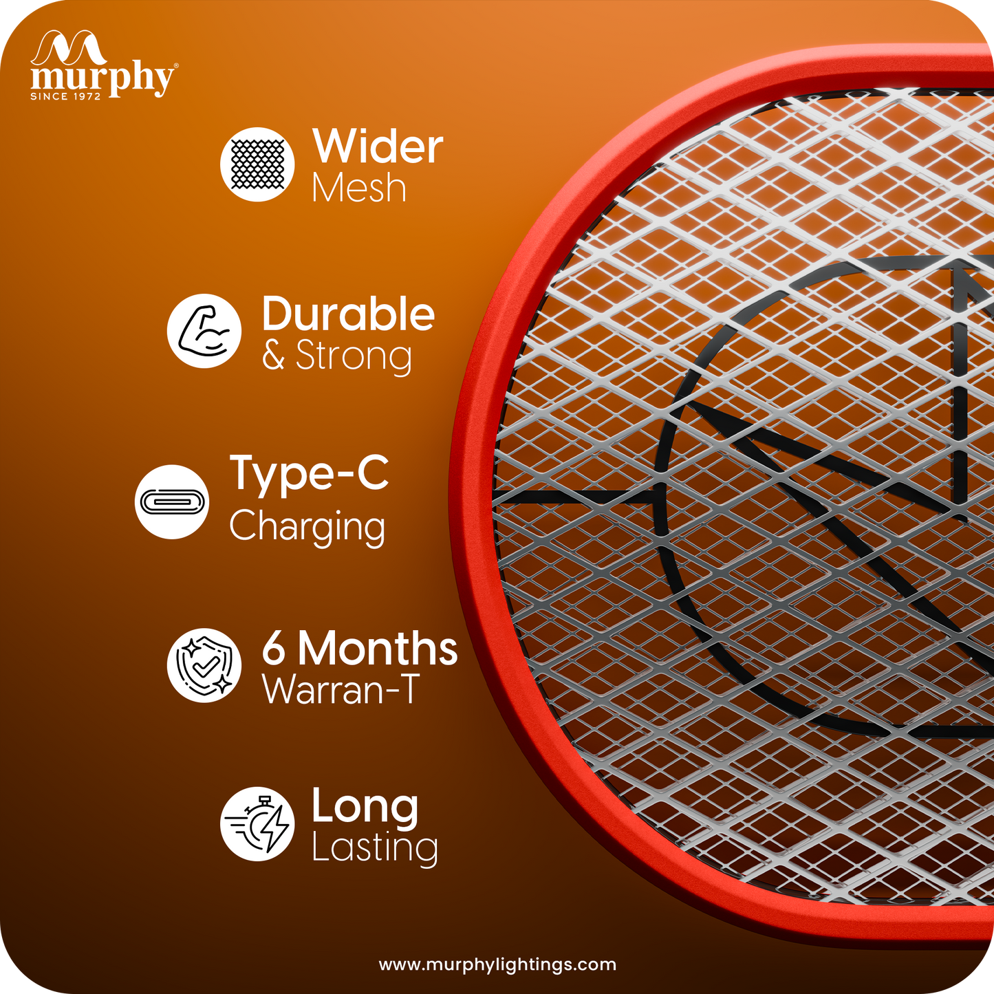 Murphy Anti Mosquito Racket with LED Torch | Rechargeable Electric Mosquito Bat | High Power Insect Killer Racket | 6 Months Warranty | Made in India