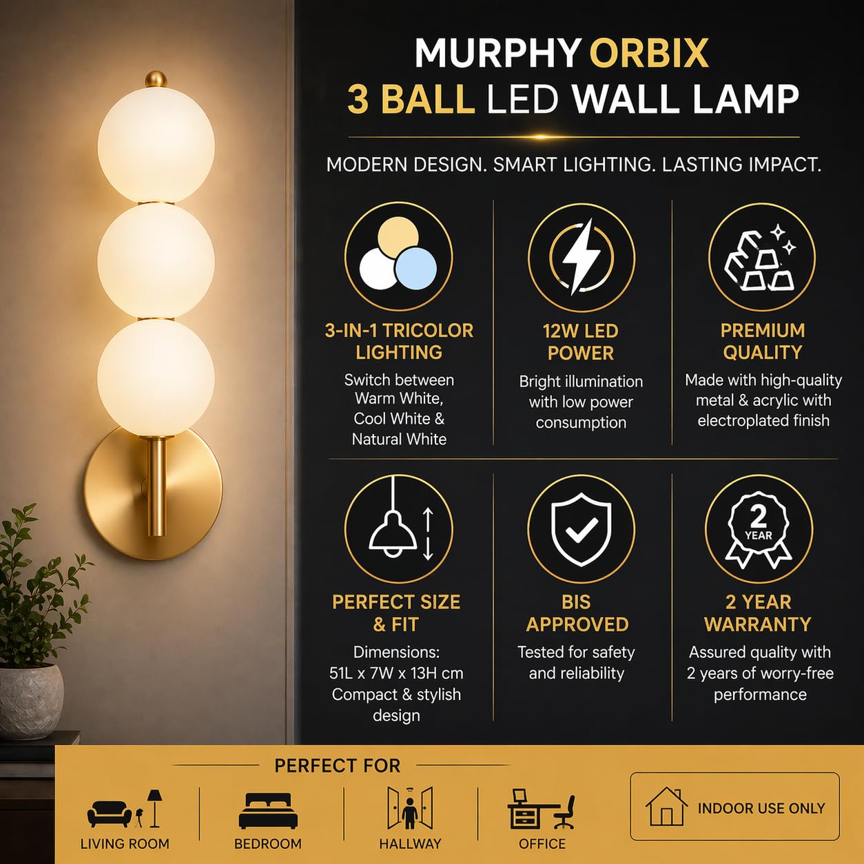 Murphy ORBIX 3 Ball LED Wall Lamp 12W, 3C (Warm/Cool/Natural White), Golden White, Metal & Acrylic, Modern Decorative Wall Light for Living Room & Bedroom, BIS Approved, 2 Year Warranty