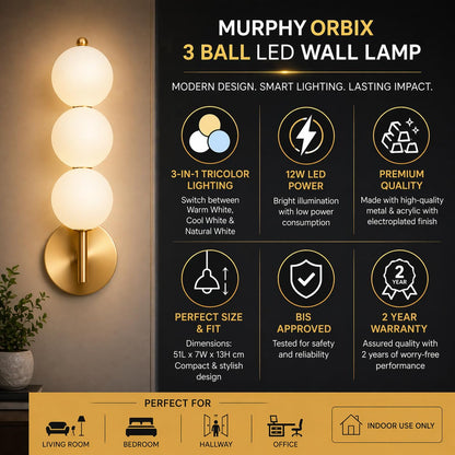 Murphy ORBIX 3 Ball LED Wall Lamp 12W, 3C (Warm/Cool/Natural White), Golden White, Metal & Acrylic, Modern Decorative Wall Light for Living Room & Bedroom, BIS Approved, 2 Year Warranty