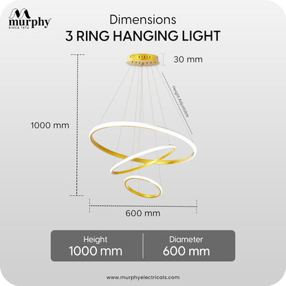 Murphy 3 Ring Modern LED Chandelier Ceiling Lamp | Gold Finish Pendant Light with 3 Color Modes (Cool White, Warm White, Natural White) for Living Room, Hall, Dining, Lobby