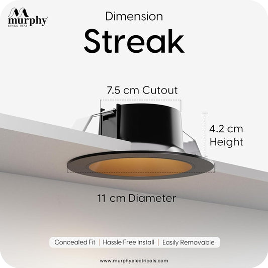 Murphy 7W Streak LED Down Light BL+Copper Finish, Natural White Light, Round,Recessed Ceiling LED Light, Suited for 3 inch Junction Box/Concealed Box (2 Years Warranty)