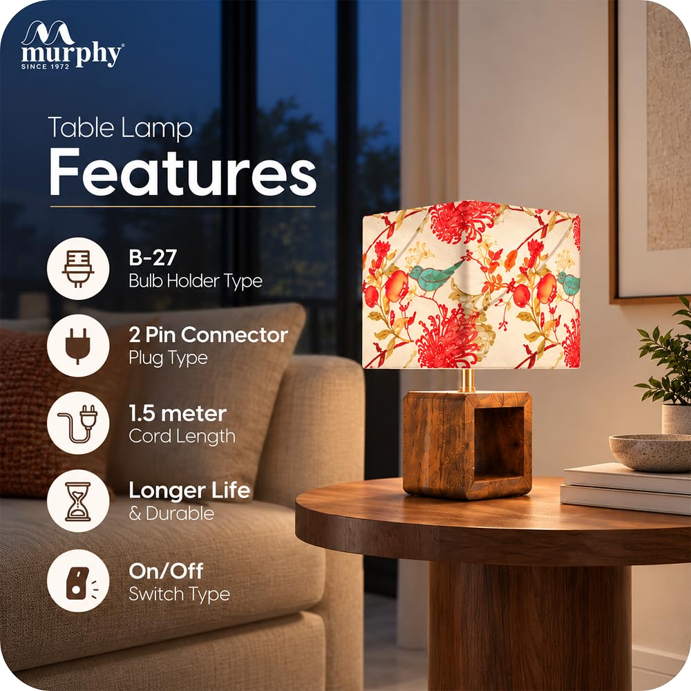 Murphy Bird Drum Cube Table Lamp with Wooden Base & 3-in-1 LED Bulb | Multicolor Floral Fabric Shade | Bedroom & Living Room