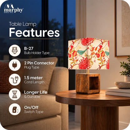 Murphy Bird Drum Cube Table Lamp with Wooden Base & 3-in-1 LED Bulb | Multicolor Floral Fabric Shade | Bedroom & Living Room