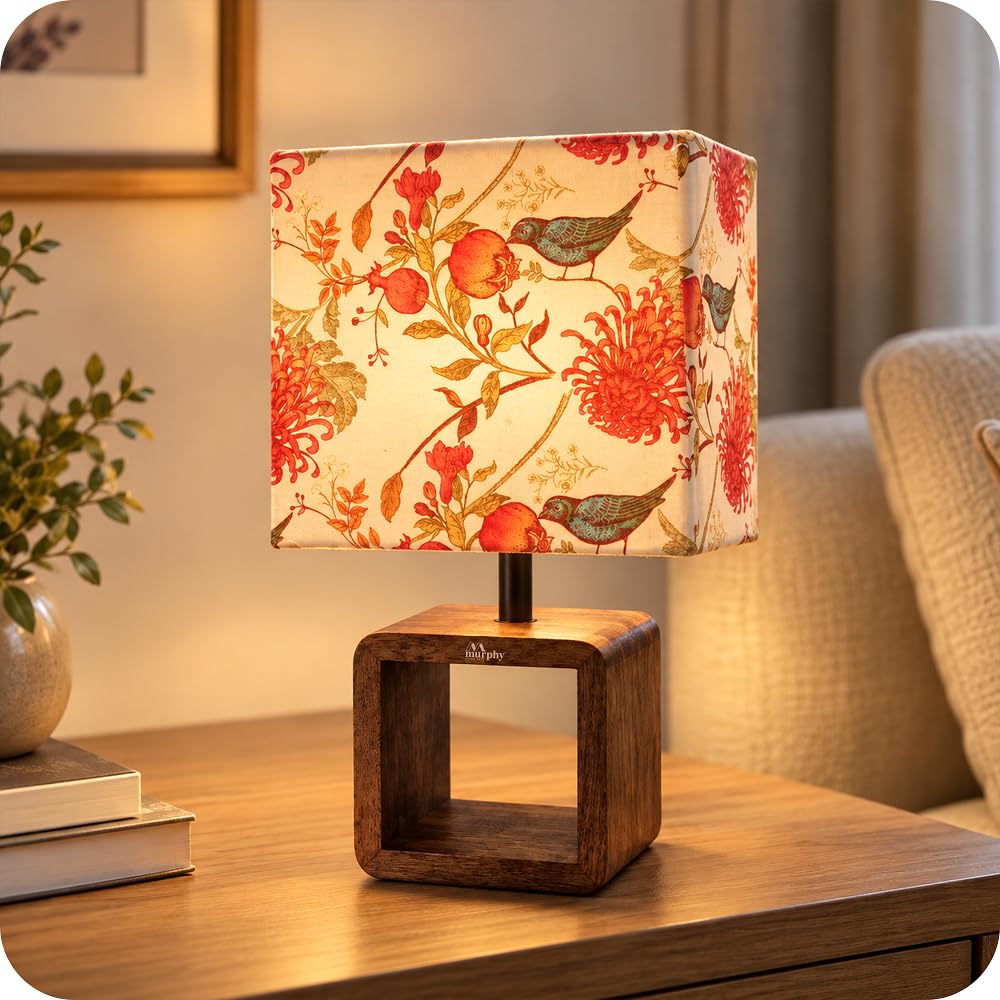 Murphy Bird Drum Cube Table Lamp with Wooden Base & 3-in-1 LED Bulb | Multicolor Floral Fabric Shade | Bedroom & Living Room