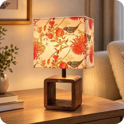 Murphy Bird Drum Cube Table Lamp with Wooden Base & 3-in-1 LED Bulb | Multicolor Floral Fabric Shade | Bedroom & Living Room