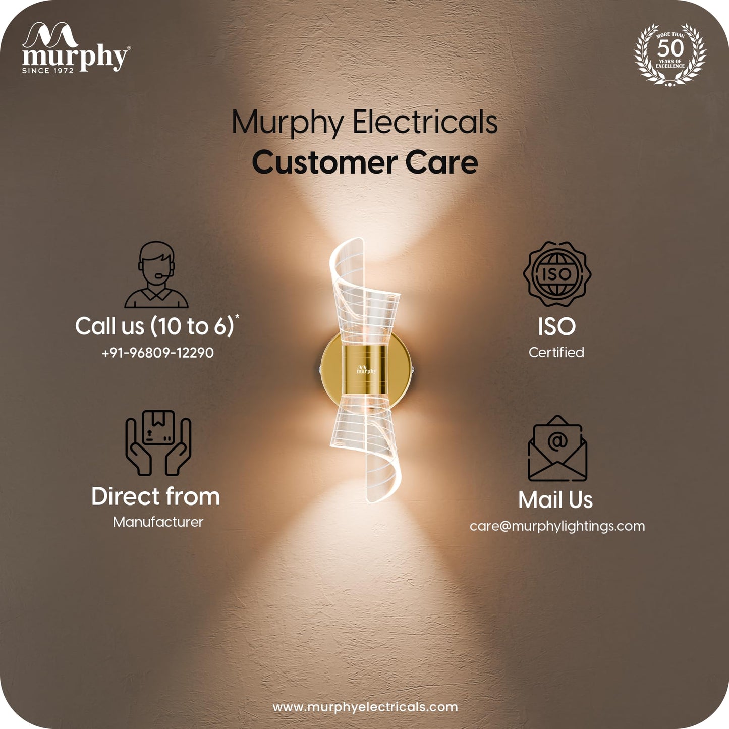 Murphy Flame ARC 10W LED Wall Light, 3C Color Changing (Warm/Natural/Cool White), Golden Finish, Acrylic & Metal Wall Lamp for Bedroom & Living Room, BIS Approved, 2 Year Warranty