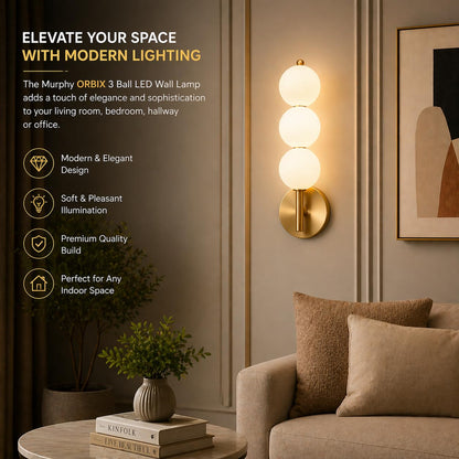 Murphy ORBIX 3 Ball LED Wall Lamp 12W, 3C (Warm/Cool/Natural White), Golden White, Metal & Acrylic, Modern Decorative Wall Light for Living Room & Bedroom, BIS Approved, 2 Year Warranty