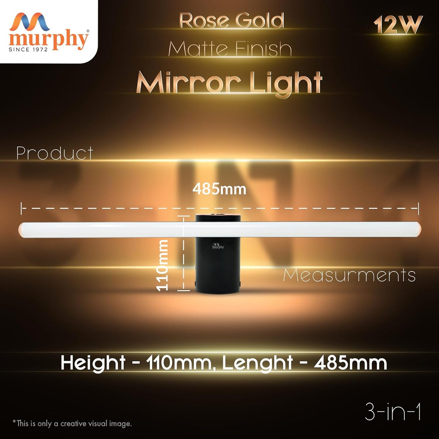 Murphy 12W 2FT 3-IN-1 Colour Rose Gold Finish Mirror Cylinder Shape Light