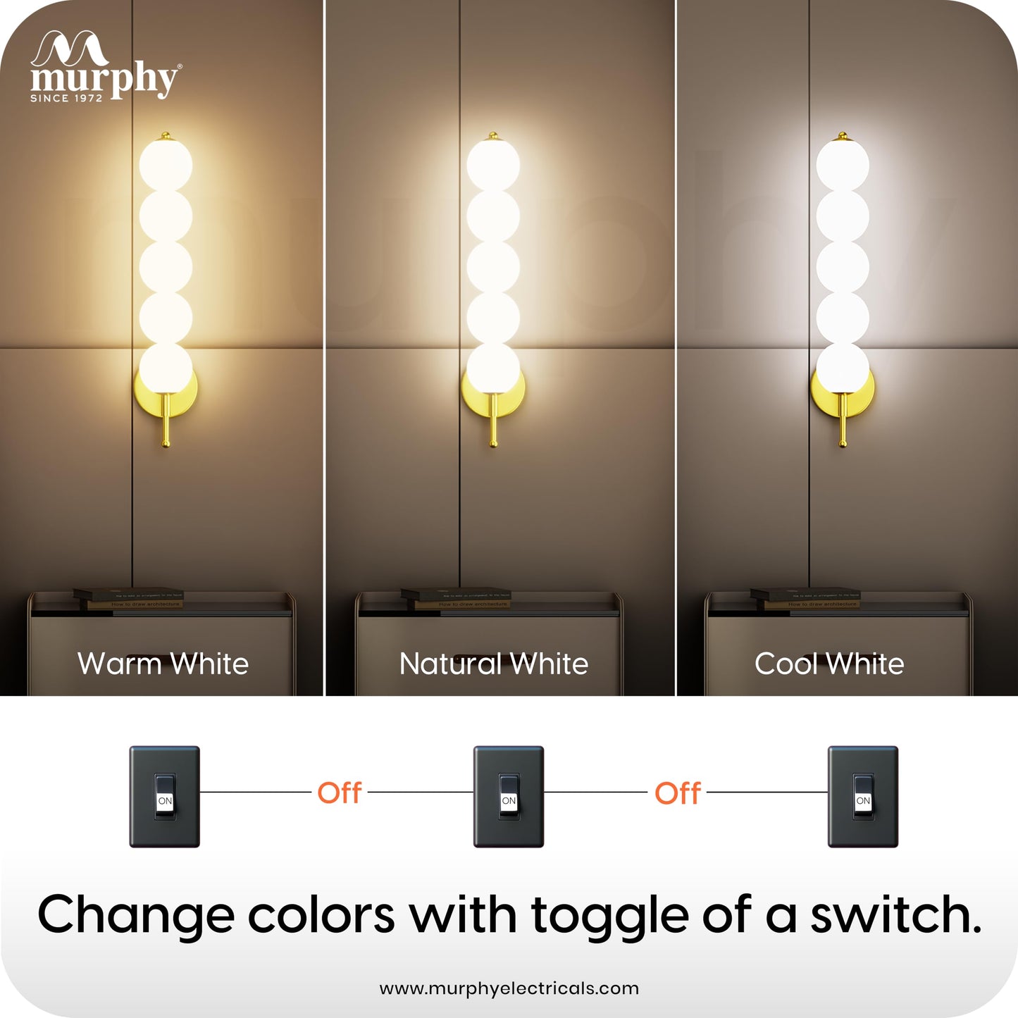 Murphy ORBIX 5 Ball LED Wall Lamp 18W, 3C (Warm/Cool/Natural White), Golden White, Metal & Acrylic, Modern Decorative Wall Light for Living Room & Bedroom, BIS Approved, 2 Year Warranty