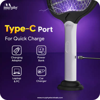 Murphy Smart UV Auto Kill Mosquito Racket with Stand | Type-C Fast Charging | 1200mAh Rechargeable Battery | Auto & Manual Mode | 3-Layer Safety Mesh | Instant Kill | 6 Months Warranty