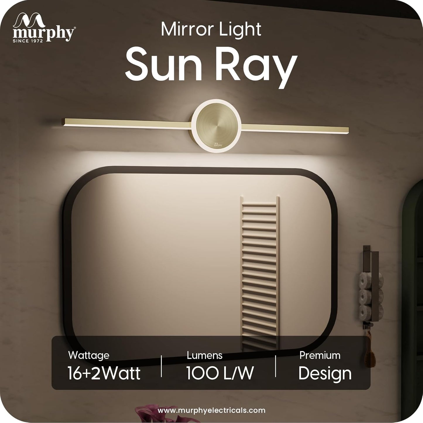 Murphy 16W+2W LED Mirror Light | 3 Color Changing (White/Warm/Natural) | Full Brass Finish – Sun Model, Modern Over Mirror Vanity Light