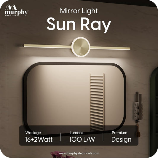 Murphy 16W+2W LED Mirror Light | 3 Color Changing (White/Warm/Natural) | Full Brass Finish – Sun Model, Modern Over Mirror Vanity Light