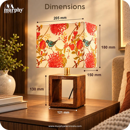 Murphy Bird Drum Cube Table Lamp with Wooden Base & 3-in-1 LED Bulb | Multicolor Floral Fabric Shade | Bedroom & Living Room