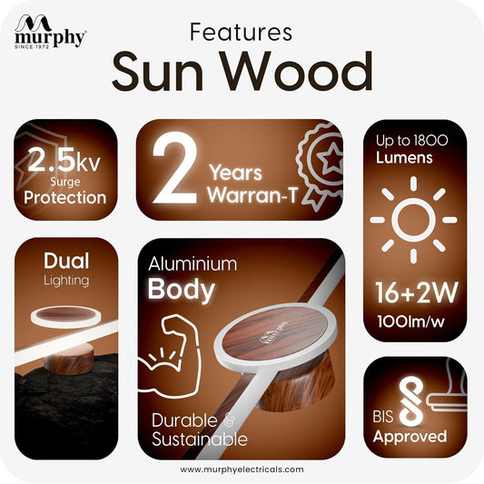 Murphy 16W+2W LED Mirror Light | 3 Color Changing (White/Warm/Natural) | Wooden Finish – Sun Design, Modern Over Mirror Bathroom/Dressing Table Light