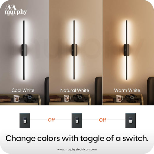 Murphy Slim Ray 12W LED Wall Highlighter– Modern Wall Light, Sleek Black Finish, Decorative Indoor Wall Lamp for Bedroom, Living Room & Hall, 3 Color Changing (Cool/Natural/Warm White)
