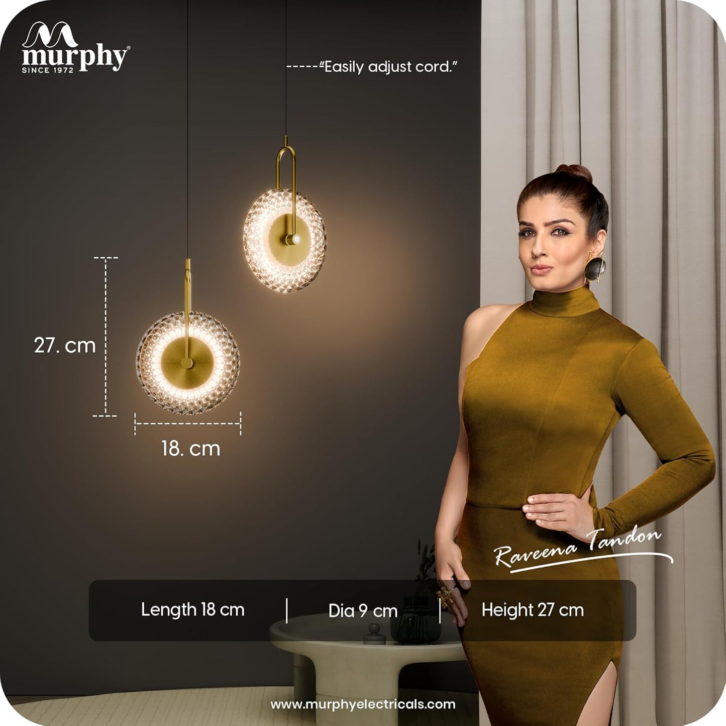 Murphy Crystal Aura 6W LED Pendant Light | 3-in-1 Color Changing (Cool Natural Warm White) | Diamond Glass Hanging Lamp | Adjustable Wire | Gold Finish