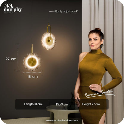 Murphy Crystal Aura 6W LED Pendant Light | 3-in-1 Color Changing (Cool Natural Warm White) | Diamond Glass Hanging Lamp | Adjustable Wire | Gold Finish