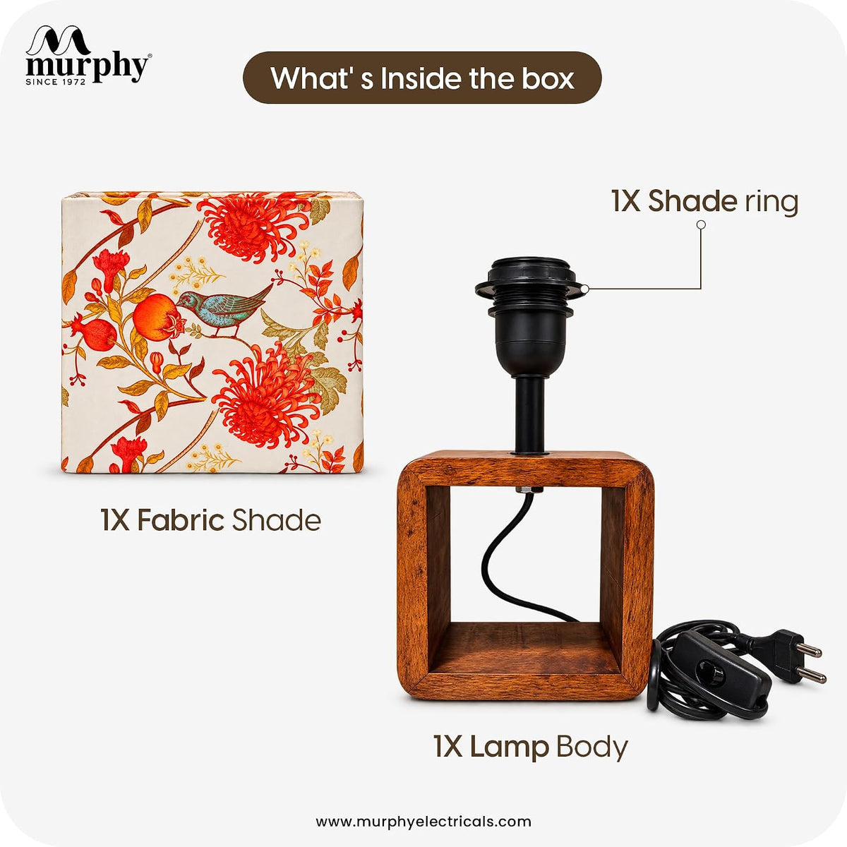 Murphy Bird Drum Cube Table Lamp with Wooden Base & 3-in-1 LED Bulb | Multicolor Floral Fabric Shade | Bedroom & Living Room