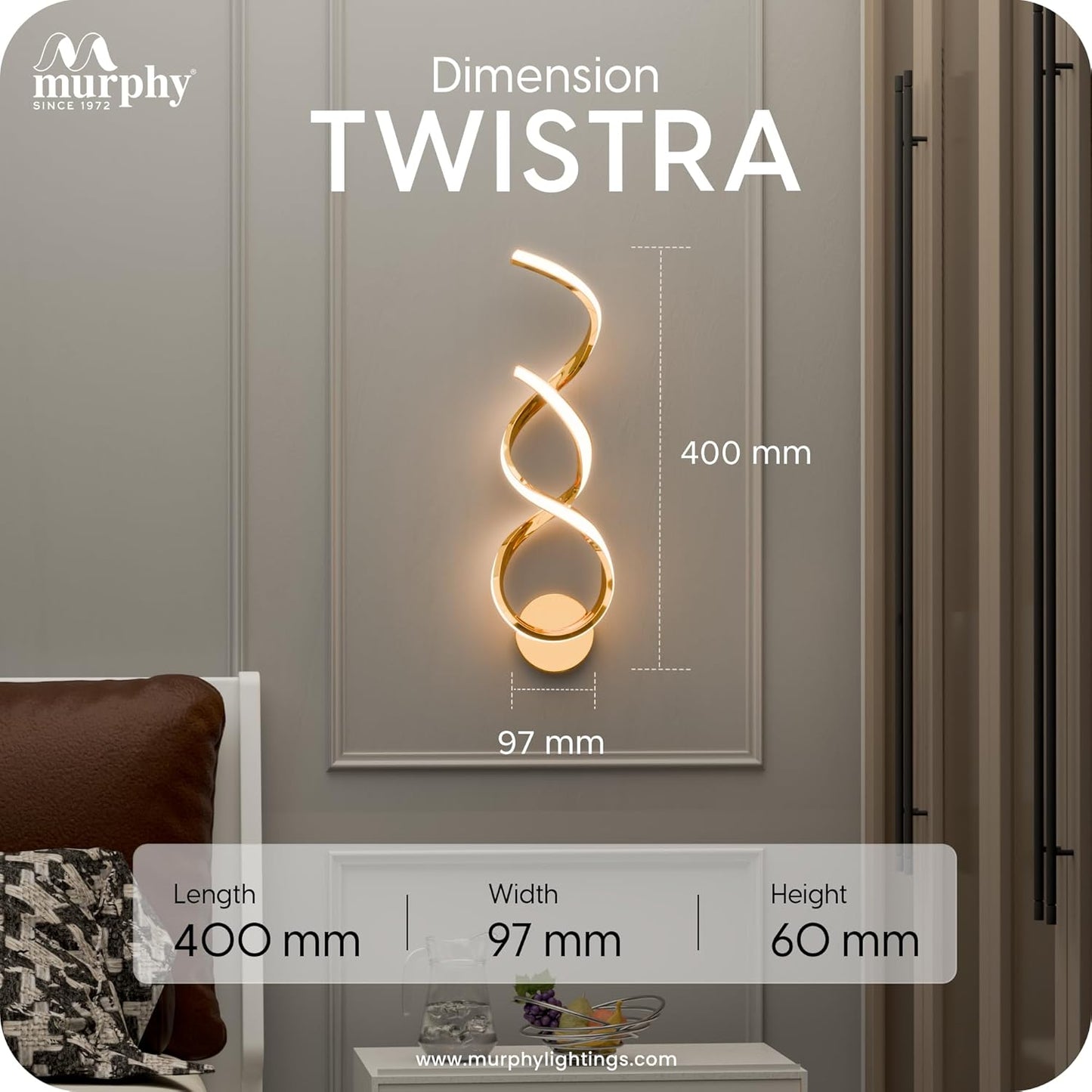 Murphy Twistra Elegant LED Wall Lamp for Home – 2 Years Warranty – Modern Aluminium Light with 3 Color Modes (French Gold)