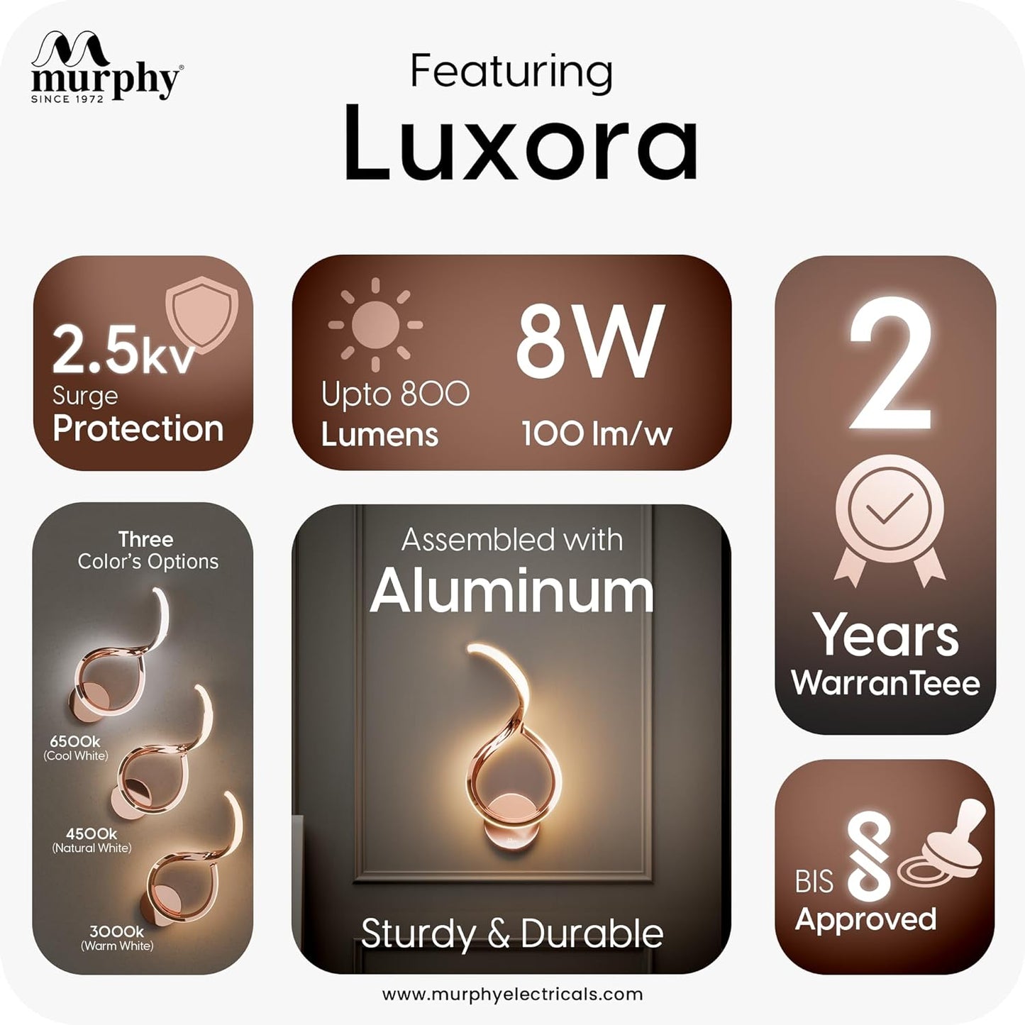 Murphy Luxora Elegant LED Wall Lamp for Home – 2 Years Warranty – Modern Aluminium Light with 3 Color Modes (Rose Gold)