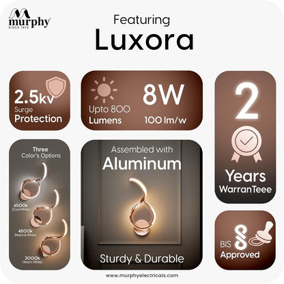 Murphy Luxora Elegant LED Wall Lamp for Home – 2 Years Warranty – Modern Aluminium Light with 3 Color Modes (Rose Gold)