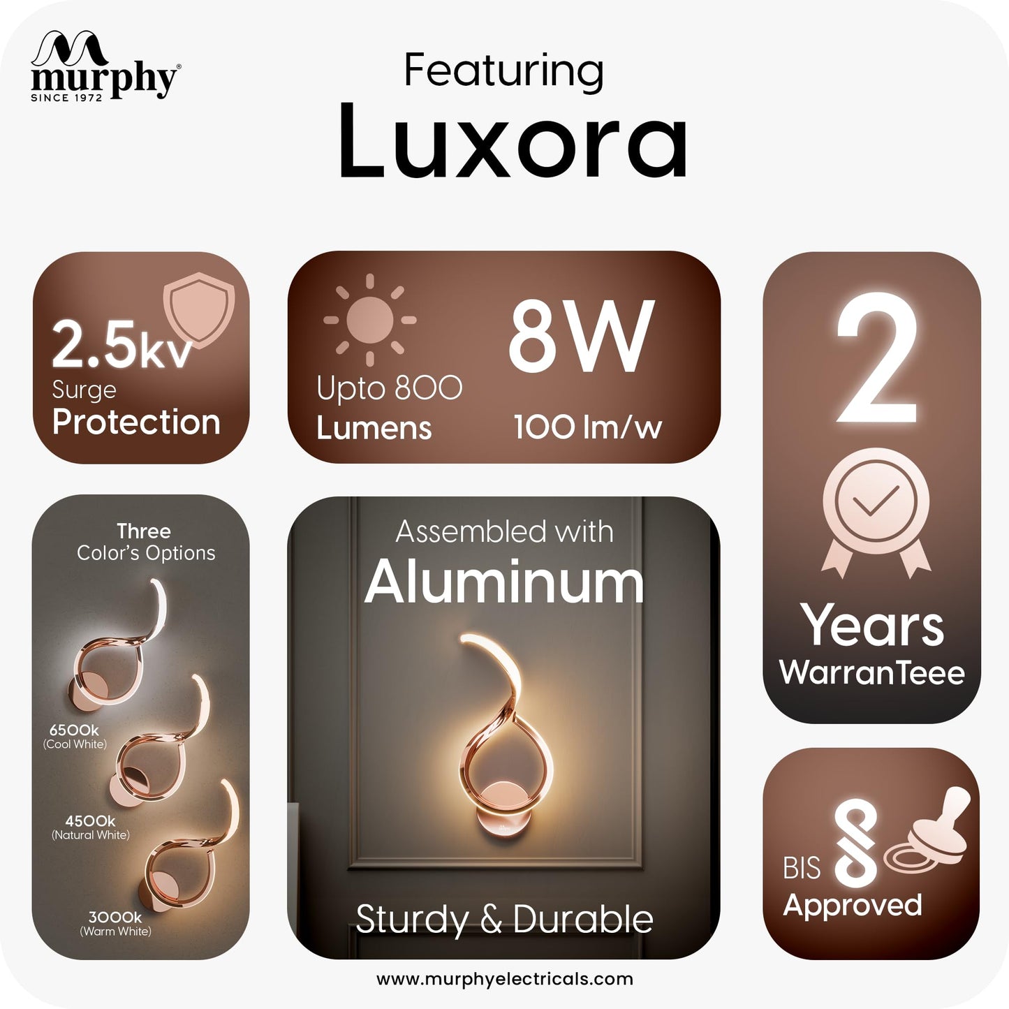 Murphy Luxora Elegant LED Wall Lamp for Home – 2 Years Warranty – Modern Aluminium Light with 3 Color Modes (Rose Gold)