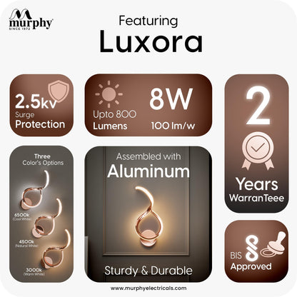 Murphy Luxora Elegant LED Wall Lamp for Home – 2 Years Warranty – Modern Aluminium Light with 3 Color Modes (Rose Gold)