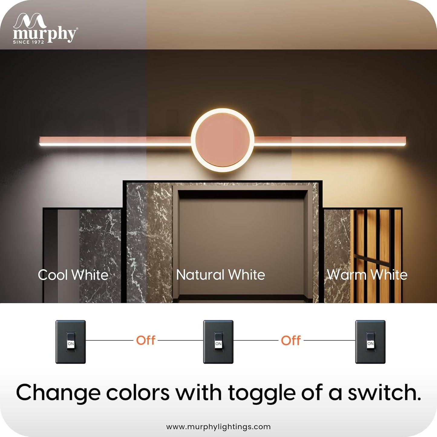 Murphy 16W+2W LED Mirror Light | 3 Color Changing (White/Warm/Natural) | Full Copper Finish – Sun Design, Modern Over Mirror Vanity/Bathroom Light