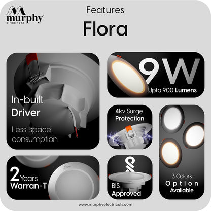 Murphy Flora 9W LED Down Light, Cool White Light, Round, Recessed Ceiling LED Light, Suited for 3 inch Junction Box/Concealed Box (2 Years Warranty)