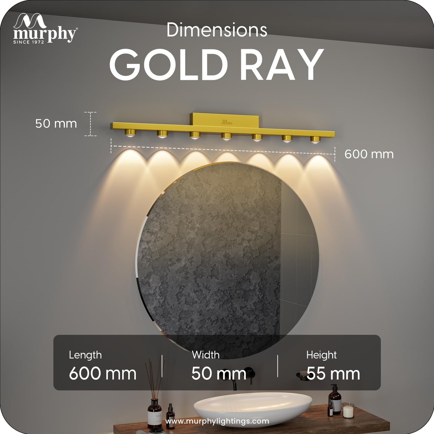 Murphy 7-Glow Goldray|LED Mirror/Vanity Light|- Luxurious Gold Finish|Warm White, 2-Year Warranty