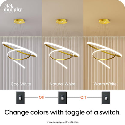 Murphy 3 Ring Modern LED Chandelier Ceiling Lamp | Gold Finish Pendant Light with 3 Color Modes (Cool White, Warm White, Natural White) for Living Room, Hall, Dining, Lobby
