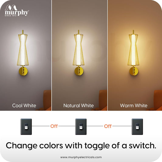 Murphy Cage Line 12W Wall Lamp | 3-in-1 Color Changing LED (Cool White/Warm White/Natural White) with 2-Year Warranty | Premium Golden Finish Decorative Light