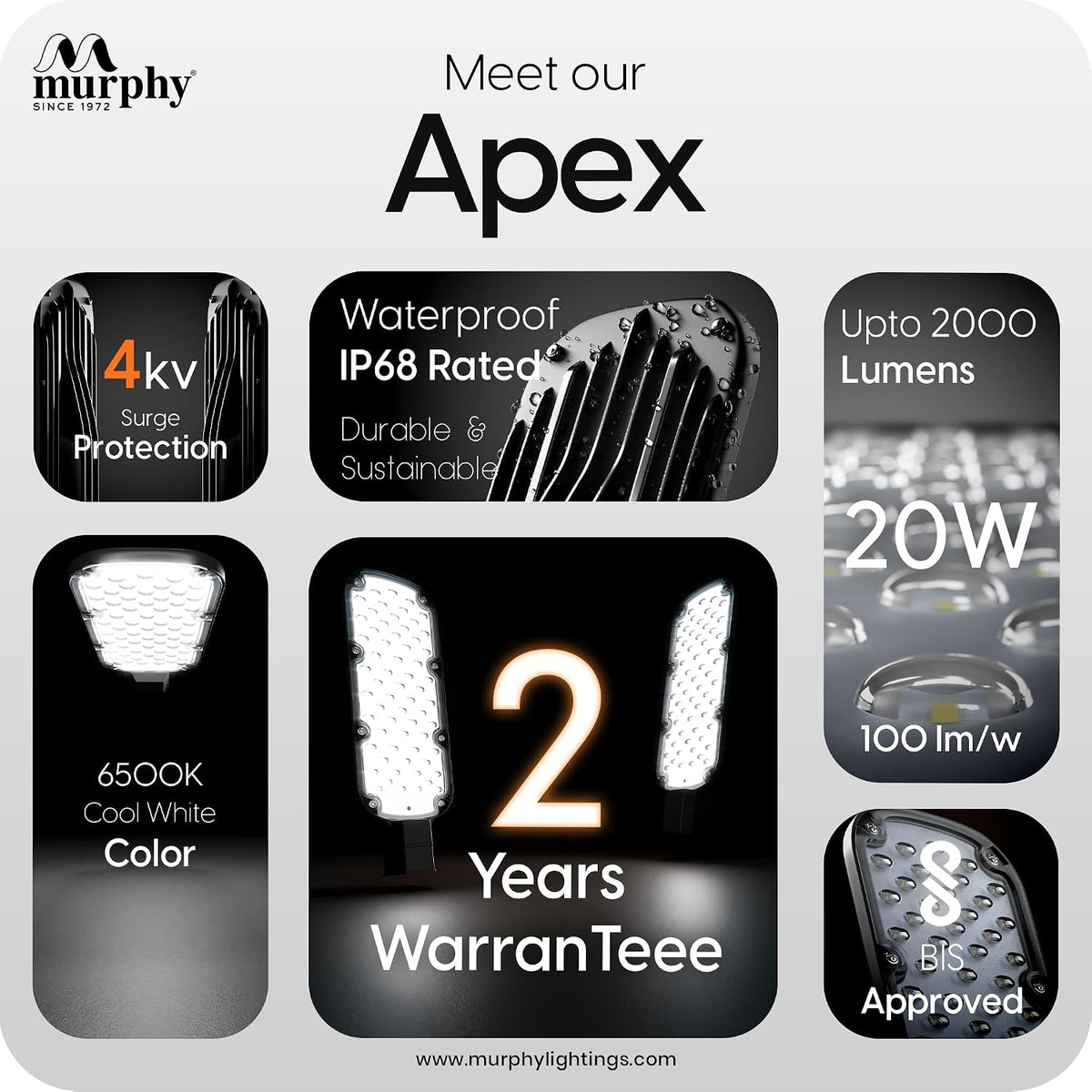 Murphy Apex 20W LED Street Light | IP68 Waterproof | Cool White | 4kV Surge Protection | 2 Year Warranty