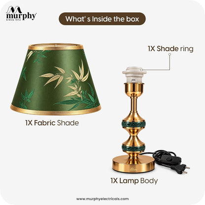 Murphy Monarch Mint 3-in-1 LED Table Lamp with Green Botanical Fabric Shade & Gold Finish | E27 Bulb Included | 1 Year Warranty