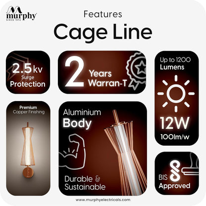 Murphy Cage Line 12W Wall Lamp | 3-in-1 Color Changing LED (Cool White/Warm White/Natural White) with 2-Year Warranty | Premium Rose Gold Finish Decorative Light