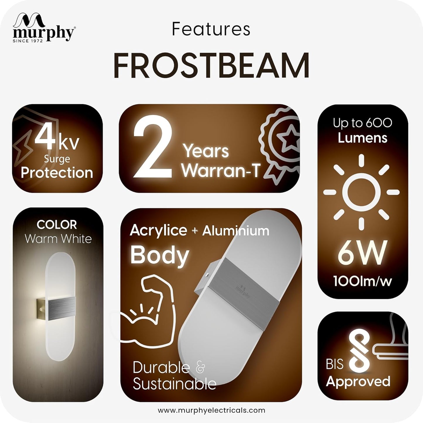 Murphy Frost Beam Wall Light | 2-Year Warranty | Warm White Glow | Acrylic + Aluminium Oval Wall Highlighter | Golden Finish