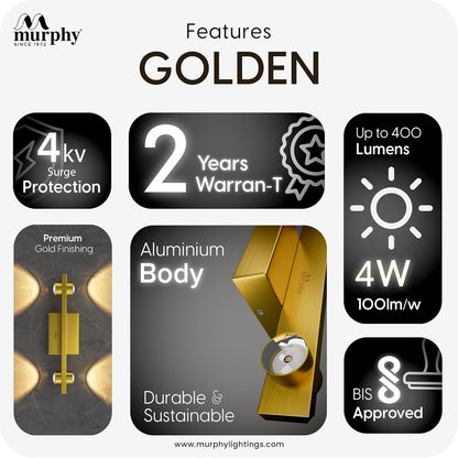 Murphy Astrum LED Wall Light – 2 Beam Up & 2 Beam Down | Warm White | Premium Gold Aluminium Body | Indoor Modern Accent Light for Living Room, Hallway & Balcony