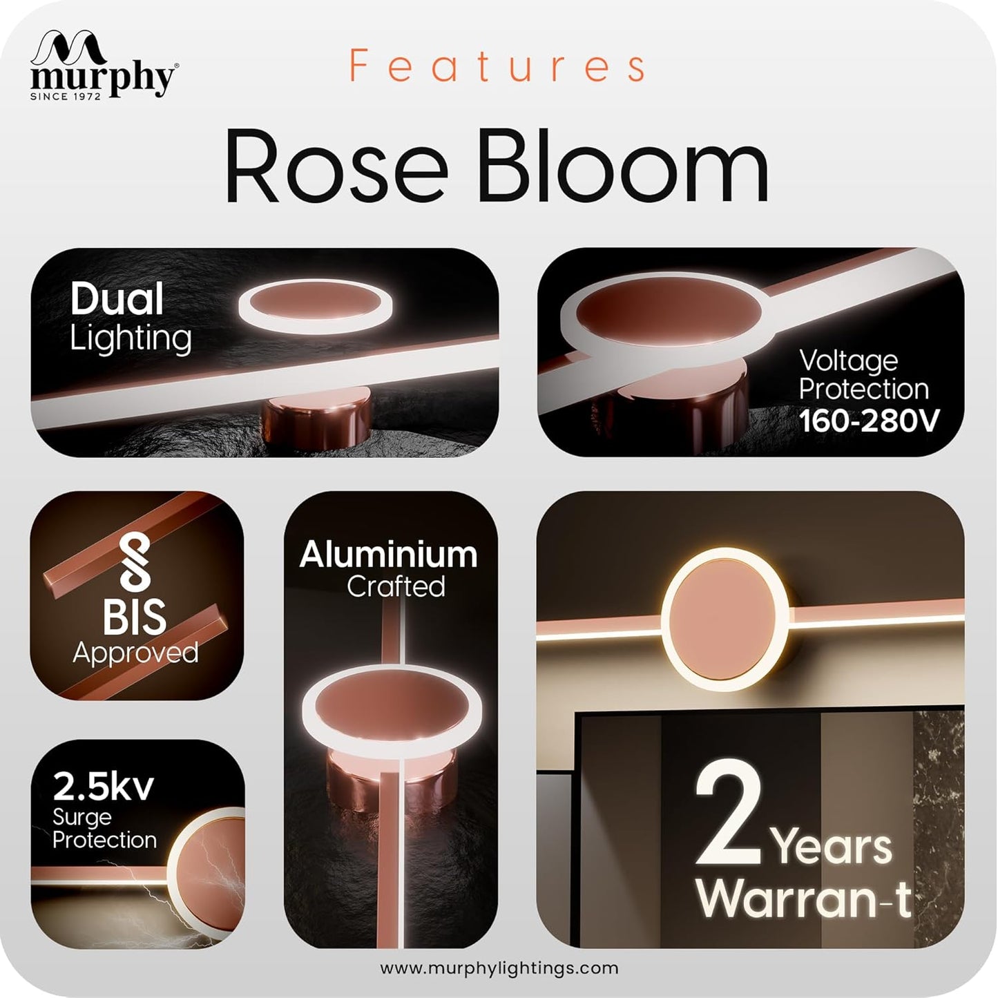 Murphy 16W+2W LED Mirror Light | 3 Color Changing (White/Warm/Natural) | Full Copper Finish – Sun Design, Modern Over Mirror Vanity/Bathroom Light