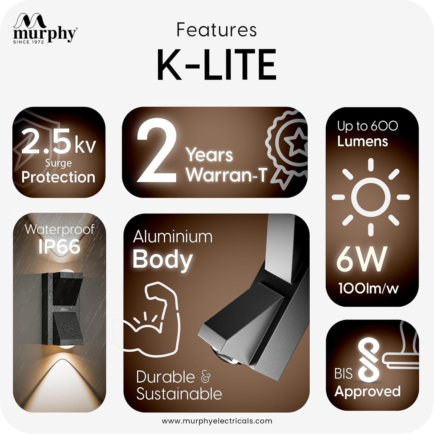 Murphy K-LITE Double Ray Wall Light IP66 Waterproof | Up to 600 Lumens | 2 Years Warranty | BIS Approved | 2.5kV Surge Protection | Up Down Light for Gate, Balcony & Garden