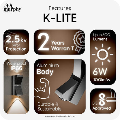 Murphy K-LITE Double Ray Wall Light IP66 Waterproof | Up to 600 Lumens | 2 Years Warranty | BIS Approved | 2.5kV Surge Protection | Up Down Light for Gate, Balcony & Garden