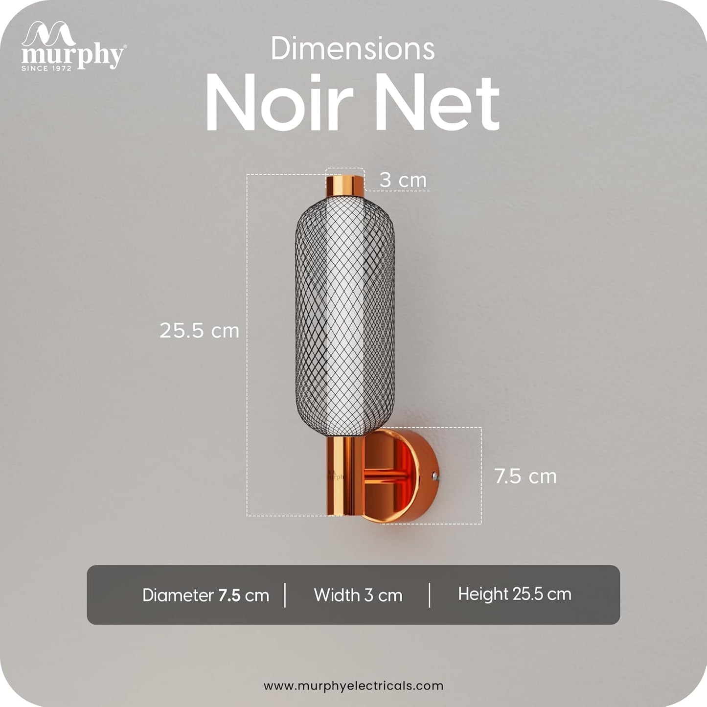 Murphy Noir Net Wall Lamp | 3-in-1 Color Changing LED (Cool White/Warm White/Natural White) with 2-Year Warranty | Premium Rose Gold Finish Decorative Light