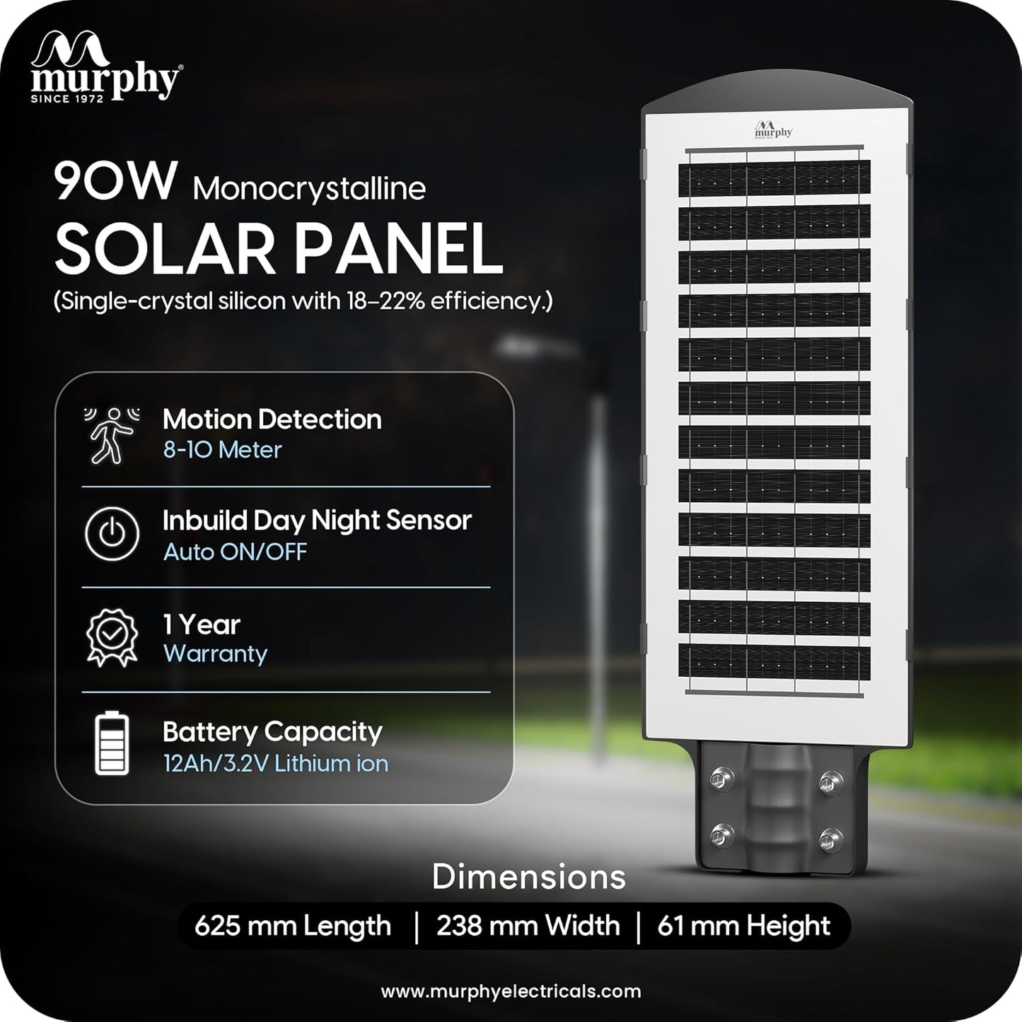 Murphy 90W Solar Street Light | 144 SMD LEDs | 12000mAh Battery | 9hr 10min Backup | Dusk-to-Dawn Auto | 8–10m Radar Sensor | Outdoor Waterproof Light