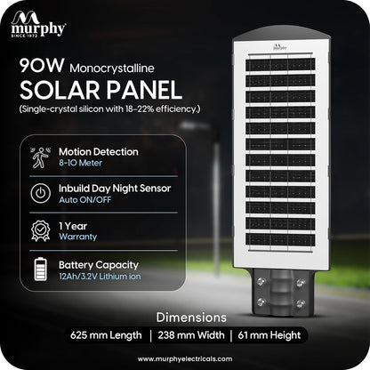 Murphy 90W Solar Street Light | 144 SMD LEDs | 12000mAh Battery | 9hr 10min Backup | Dusk-to-Dawn Auto | 8–10m Radar Sensor | Outdoor Waterproof Light