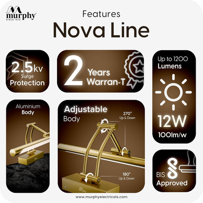 Murphy NovaLine 12W Golden Mirror Light | 3-in-1 Color Changing | Aluminium Body | Wall Mount Vanity Light for Bathroom & Dressing Table