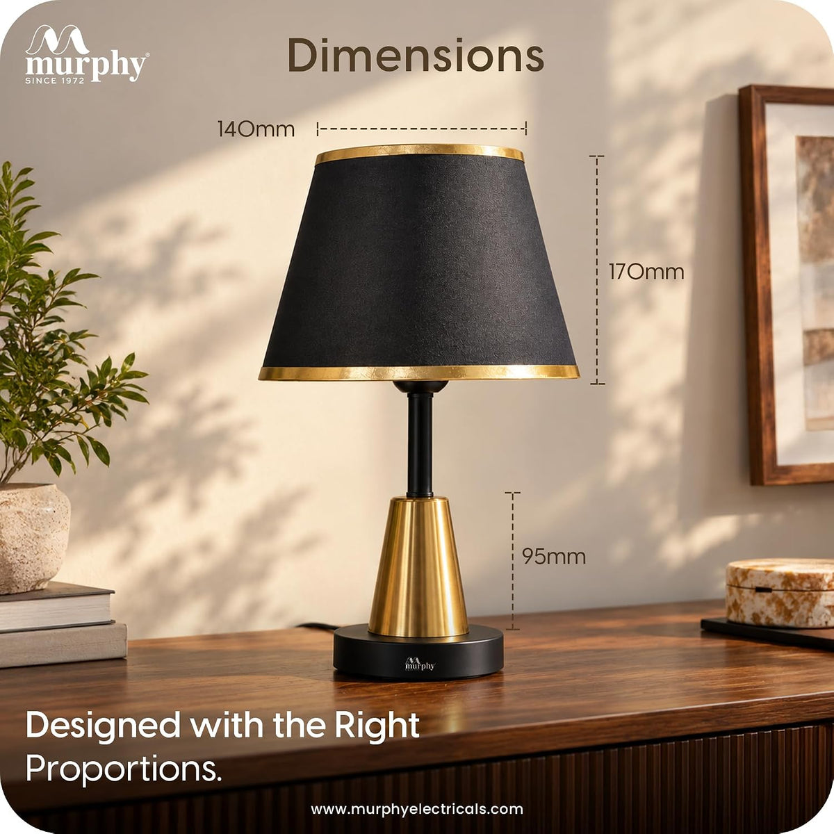 Murphy Conic Gold 3-in-1 LED Table Lamp with Premium Black Fabric Shade | Elegant Gold Finish | E27 Bulb Included | 1 Year Warranty